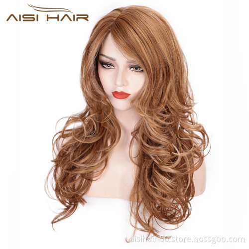 Aisi Hair Long Wavy Hair Brown with White Color Synthetic Wigs High Temperature Fiber Fashion Cosplay Wigs for Women